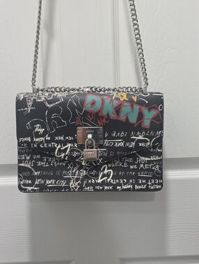 DKNY Black Graffiti Print Chain Crossbody Bag with Teal & Yellow Accents